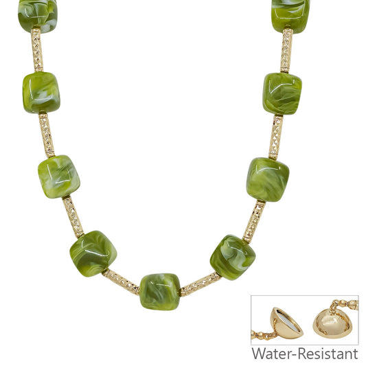 Water Resistant 16MM Olive Beaded and Gold Bar 16"-18" Necklace