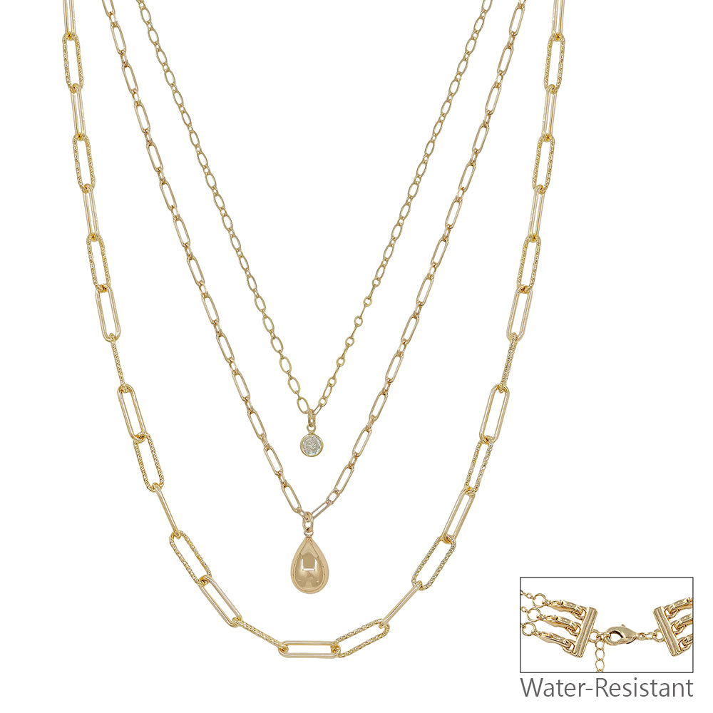 Water Resistant Gold 3 Layered CZ and Teardrop 16"-18" Necklace