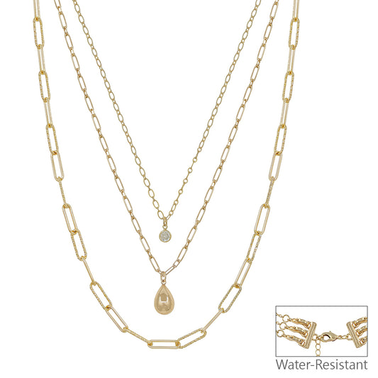 Water Resistant Gold 3 Layered CZ and Teardrop 16"-18" Necklace
