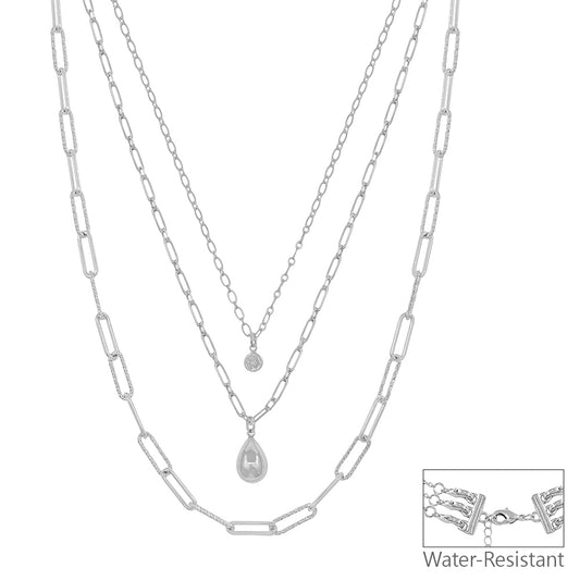 Water Resistant Silver 3 Layered CZ and Teardrop 16"-18" Necklace