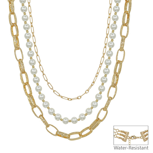 Water Resistant Three Layered Multiway 8MM Pearl 16"-18" Necklace