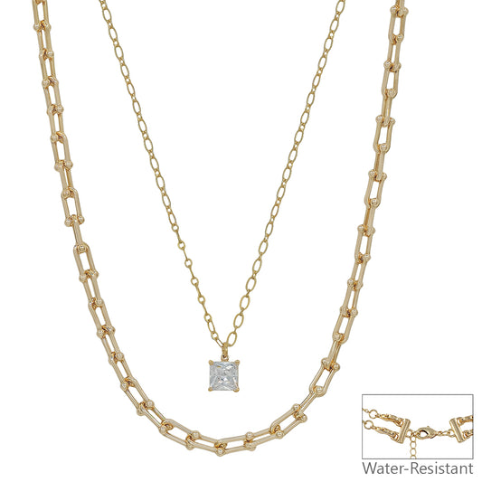 Water Resistant 2 Layered Tiffany Chain with CZ 16"-18" Necklace
