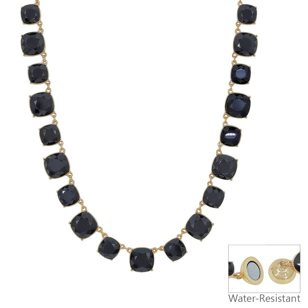 Water Resistant Black Crystal Square Statement Necklace