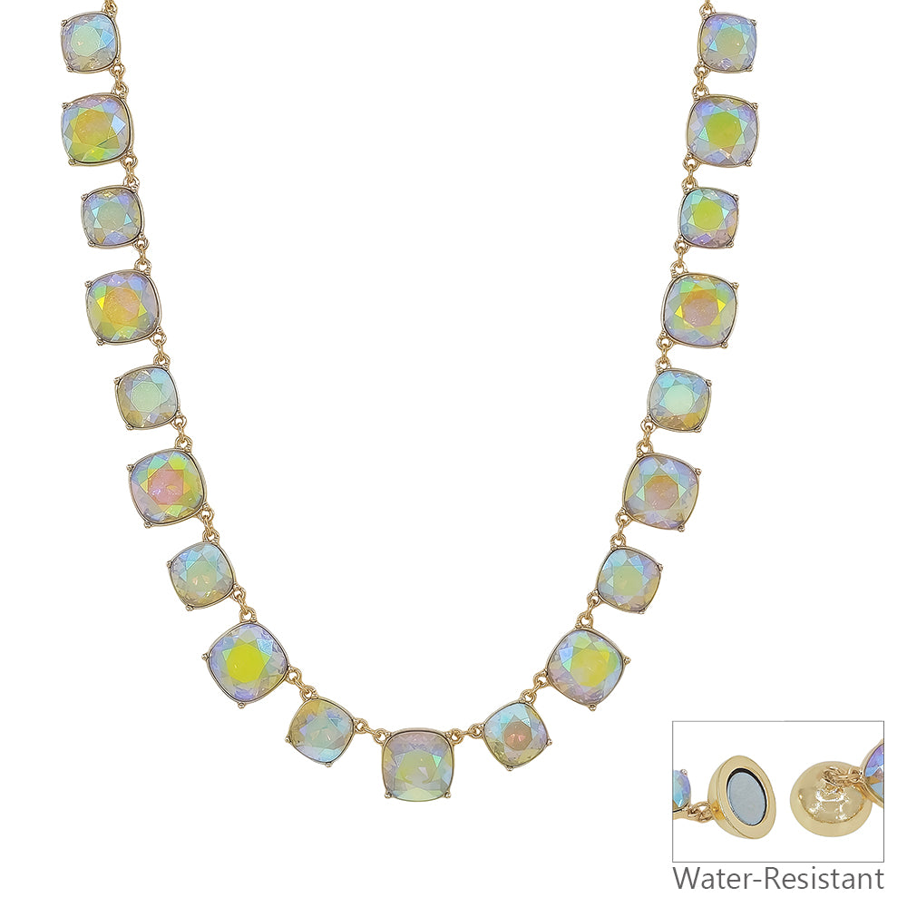 Water Resistant AB Crystal Square Statement Necklace