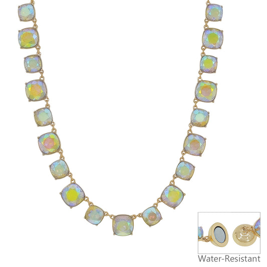 Water Resistant AB Crystal Square Statement Necklace