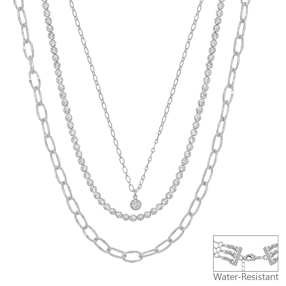 Water Resistant 3 Layer Silver Multi Stone Crystal Pendant 16"-18" Necklace