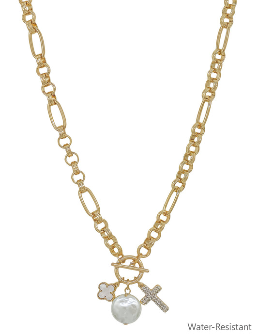 Water Resistant Coin Pearl Pave Cross and Clover 16"-18" Necklace