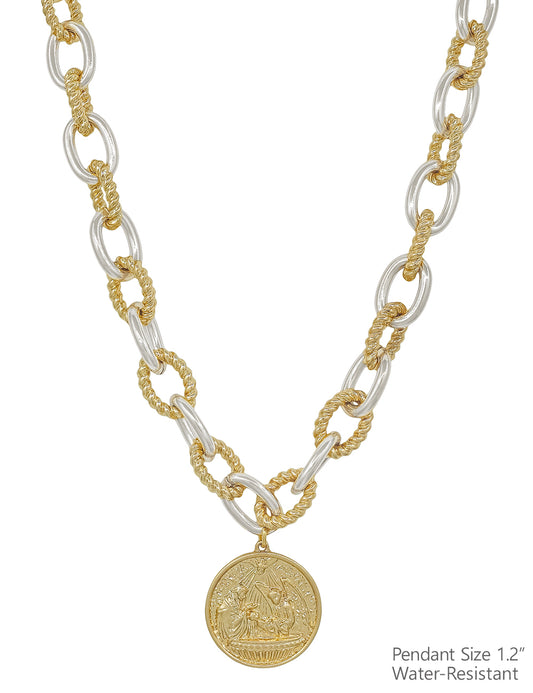 Water Resistant Chunky Chain Stamped Gold and Silver Coin 16"-18" Necklace