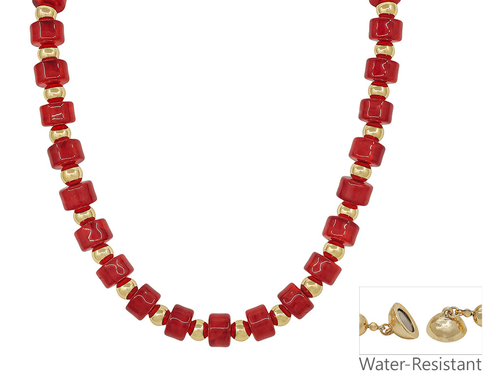 Water Resistant Maroon and Gold Oval Chunky Beaded 18" Magnetic Closure Necklace