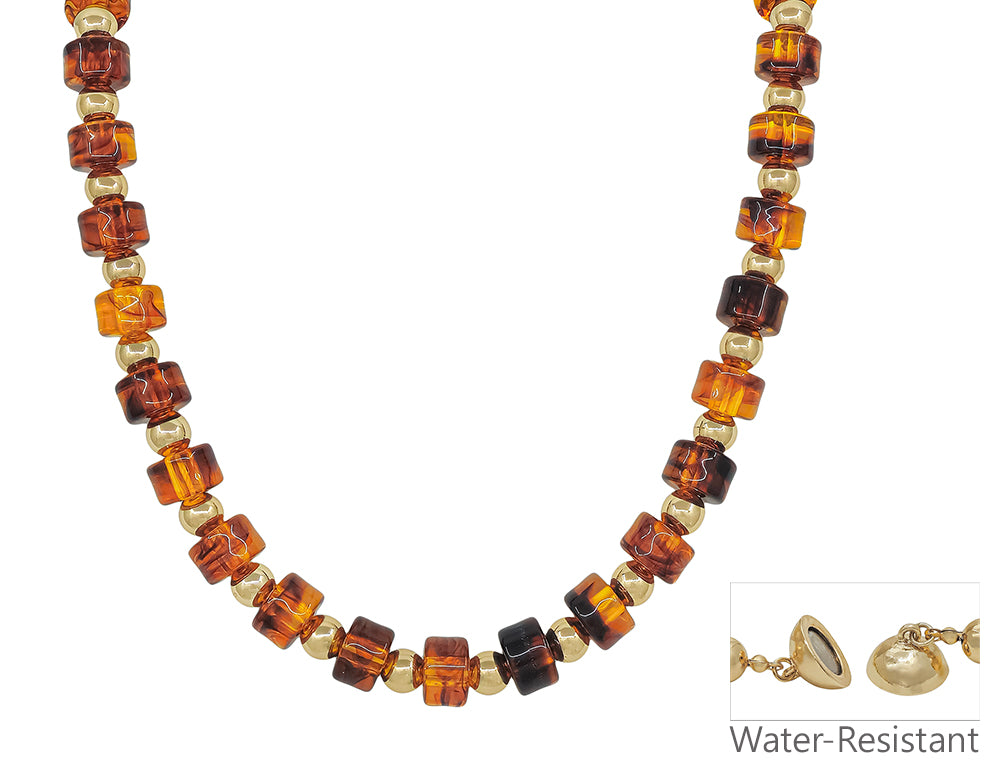 Water Resistant Tortoise and Gold Oval Chunky Beaded 18" Magnetic Closure Necklace