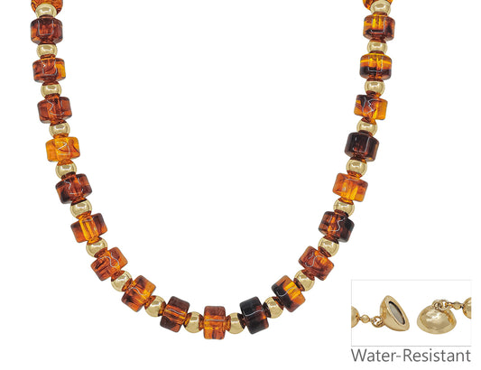 Water Resistant Tortoise and Gold Oval Chunky Beaded 18" Magnetic Closure Necklace