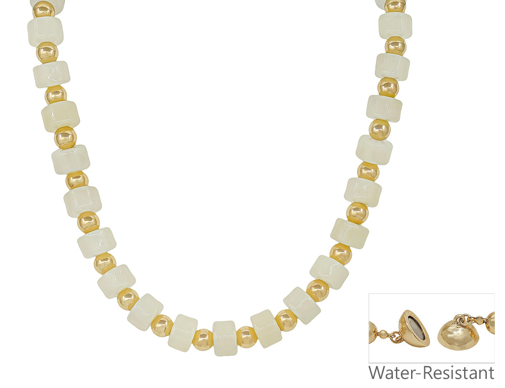Water Resistant White and Gold Oval Chunky Beaded 18" Magnetic Closure Necklace