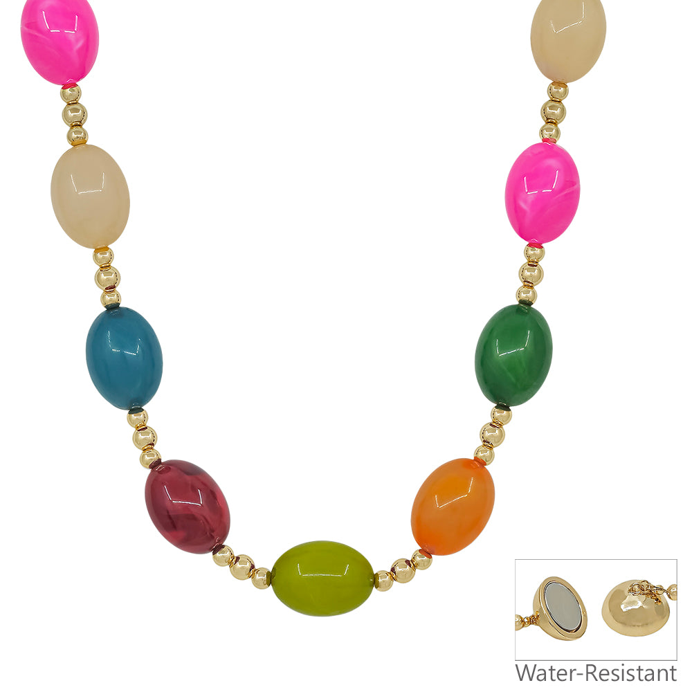 Water Resistant Multi Acylic and Gold Oval Chunky Beaded 18" Magnetic Closure Necklace