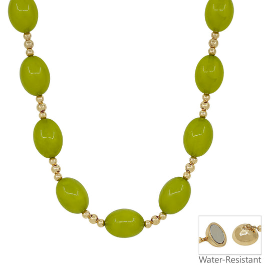Water Resistant Olive Green Acylic and Gold Oval Chunky Beaded 18" Magnetic Closure Necklace