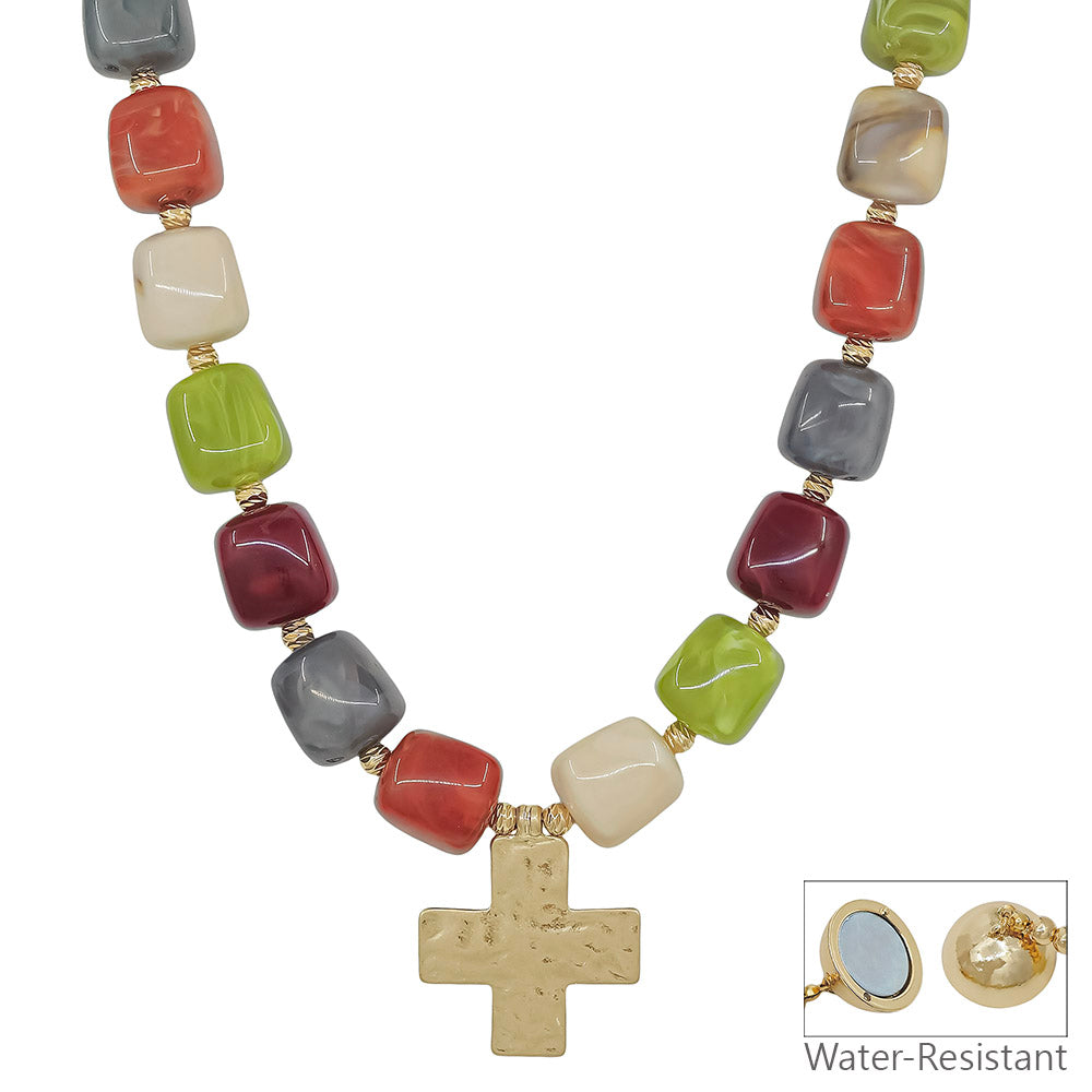 Water Resistant 16MM Natural Resin Beaded Cross 18" Necklace