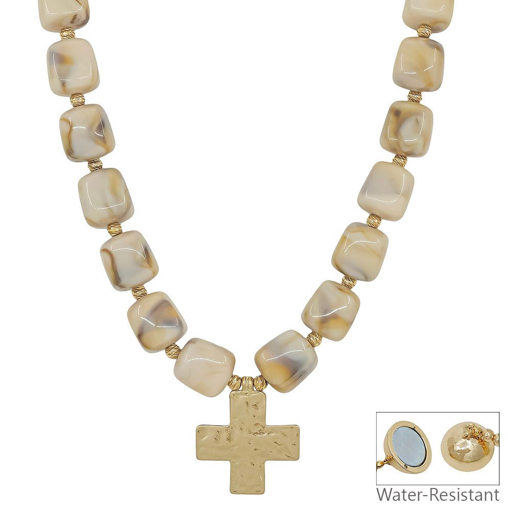 Water Resistant 16MM Natural Resin Beaded Cross 18" Necklace