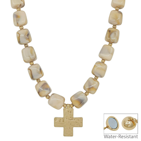 Water Resistant 16MM Natural Resin Beaded Cross 18" Necklace