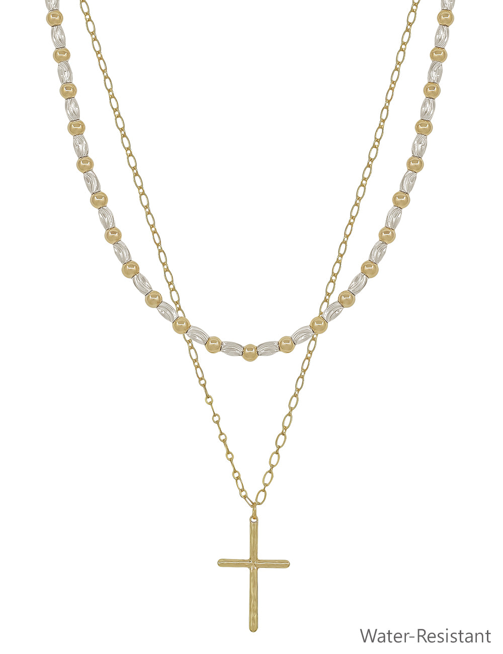 Water Resistant Gold and Silver 2 Layered Multiway Beaded with Cross 16"-18" Necklace