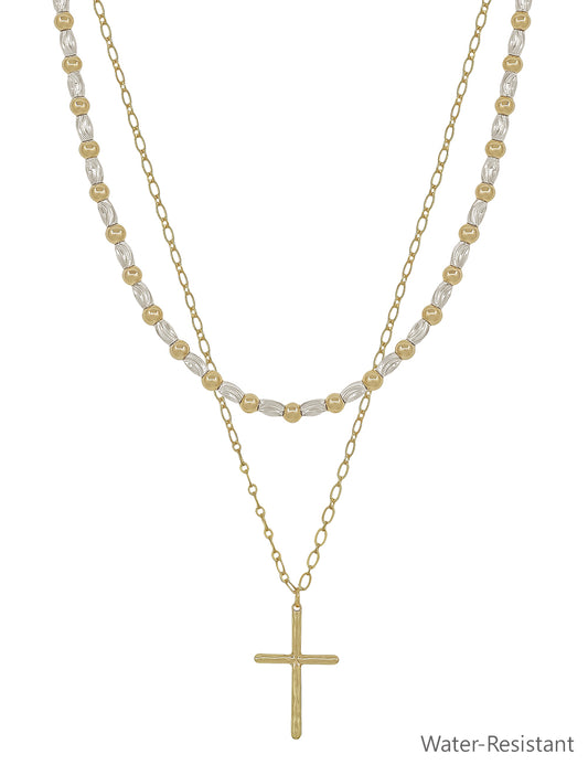 Water Resistant Gold and Silver 2 Layered Multiway Beaded with Cross 16"-18" Necklace