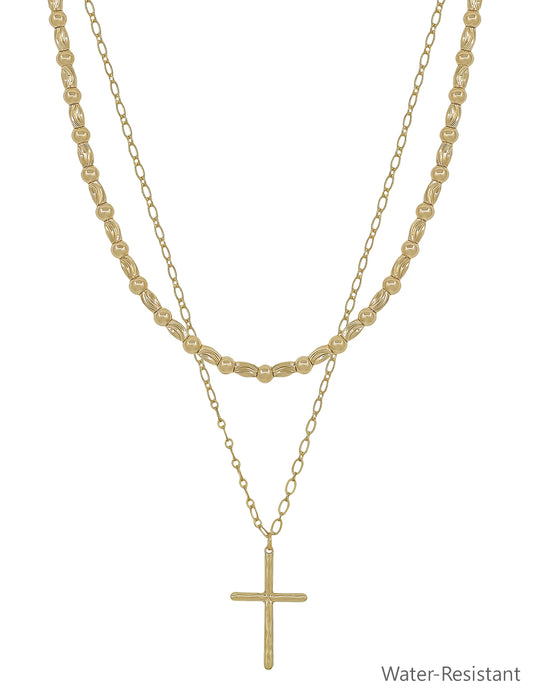 Water Resistant Gold 2 Layered Multiway Beaded with Cross 16"-18" Necklace