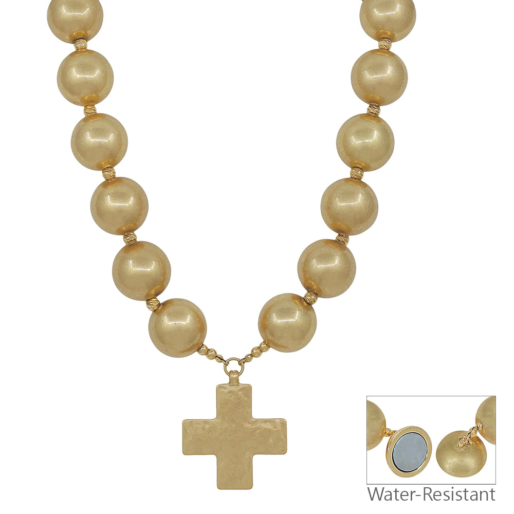 Water Resistant 20MM Gold Beaded with 1.5" Cross Charm Necklace