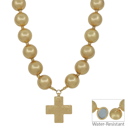 Water Resistant 20MM Gold Beaded with 1.5" Cross Charm Necklace