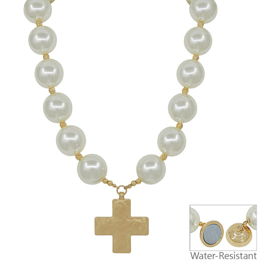 Water Resistant 20MM Pearl Beaded with 1.5" Cross Charm Necklace
