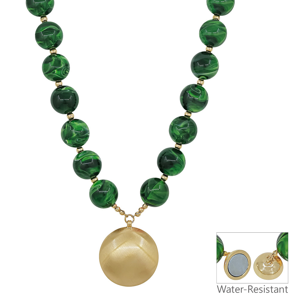 Water Resistant 20MM Green Resin Beaded 1.5" Snake Chain Magnetic Closure 18" Neckalce