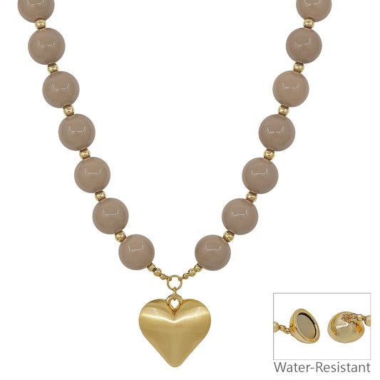 Water Resistant 16MM Beige Beaded with Heart Necklace