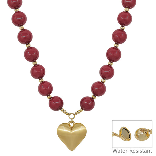 Water Resistant 16MM Maroon Beaded with Heart Necklace