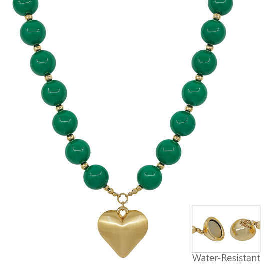 Water Resistant 16MM Green Beaded with Heart Necklace