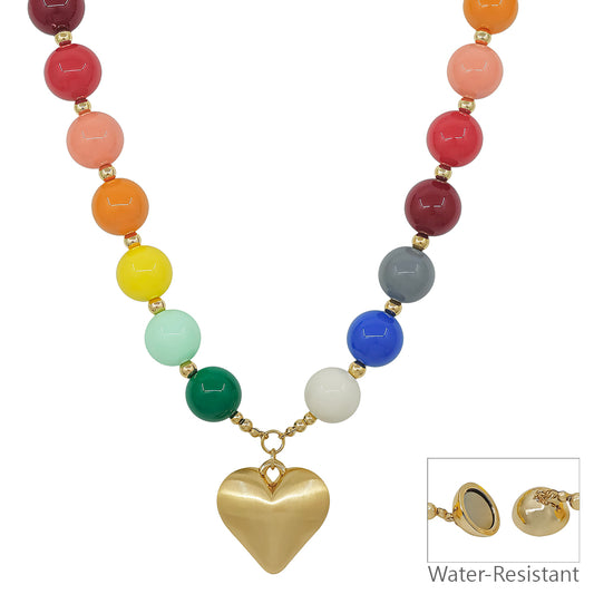 Water Resistant 16MM Multi Beaded with Heart Necklace