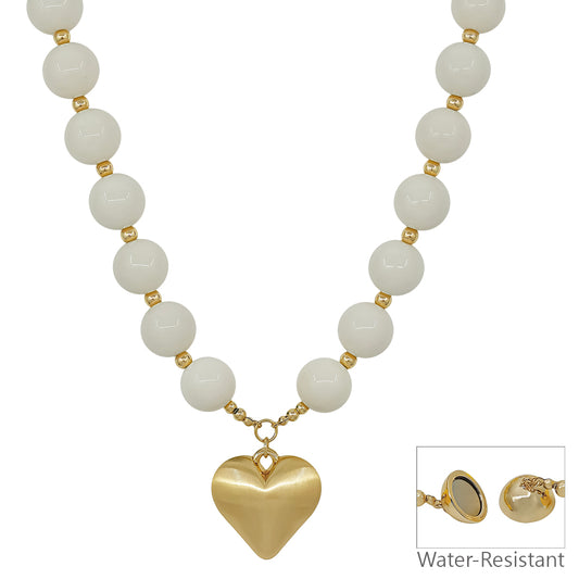 Water Resistant 16MM White Beaded with Heart Necklace