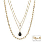 Water Resistant Black Teardrop Stone Triple Layered 16"-18" Necklace
