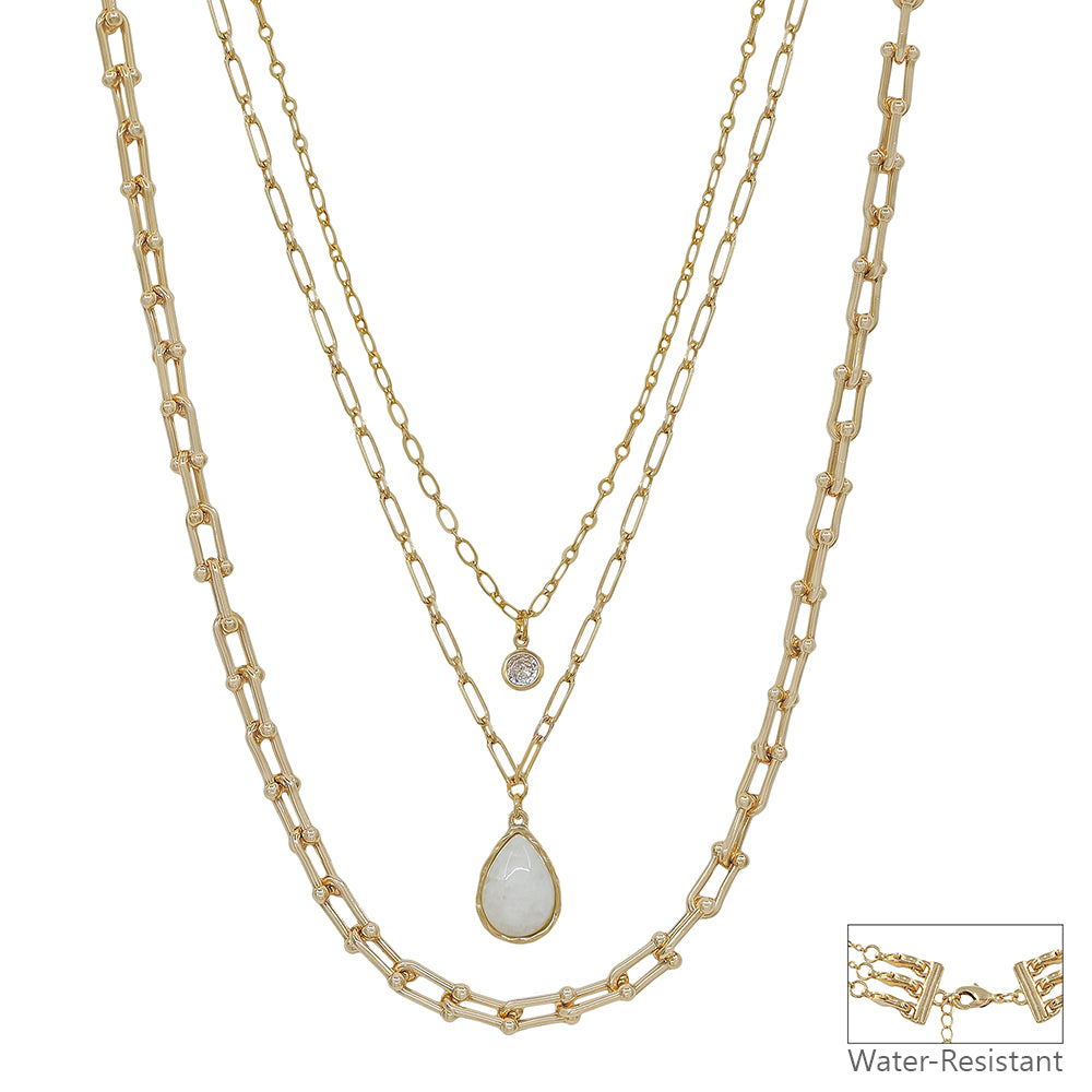 Water Resistant White/Natural Teardrop Stone Triple Layered 16"-18" Necklace