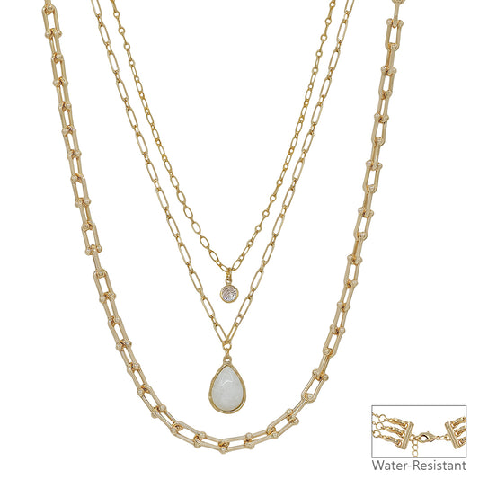 Water Resistant White/Natural Teardrop Stone Triple Layered 16"-18" Necklace