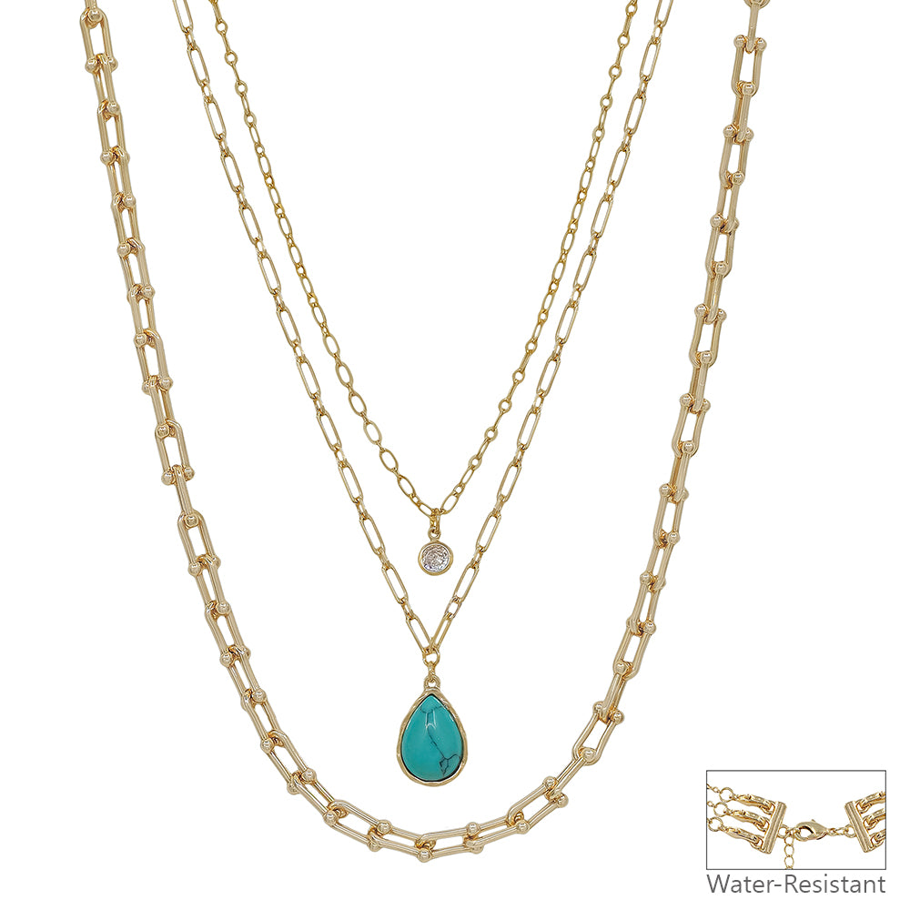 Water Resistant Turquoise Teardrop Stone Triple Layered 16"-18" Necklace