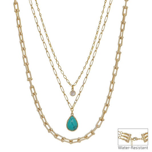 Water Resistant Turquoise Teardrop Stone Triple Layered 16"-18" Necklace