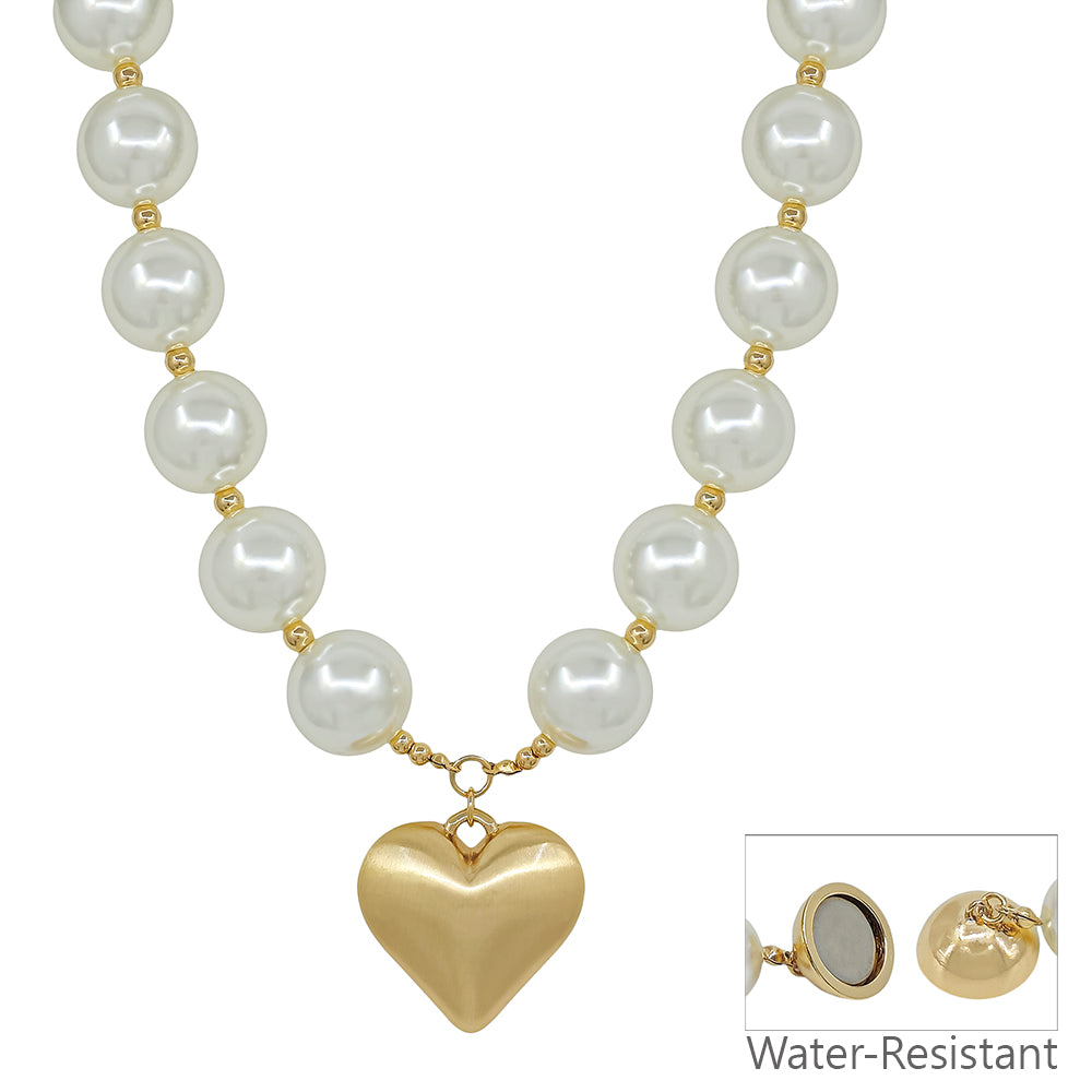 Water Resistant 20MM Large Pearl with Gold Puffy Heart 16"-18" Necklace