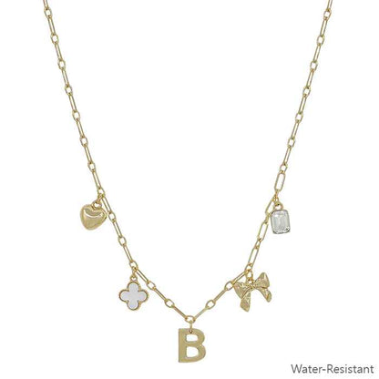 Water Resistant Gold Chain Initial Charm with Clover, Puffy Heart, Bow Necklace 16"-18" Necklace, Very Popular!!