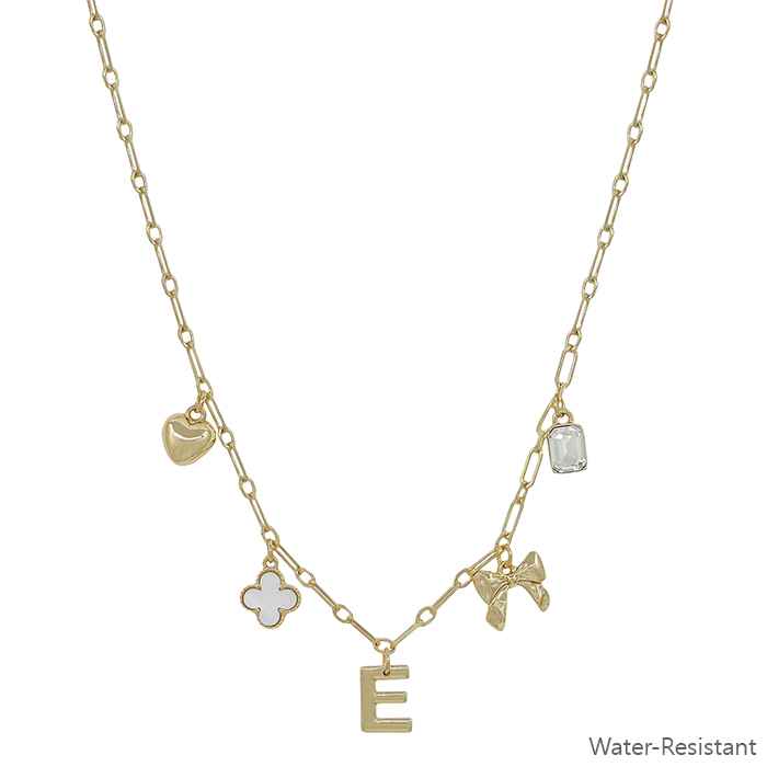 Water Resistant Gold Chain Initial Charm with Clover, Puffy Heart, Bow Necklace 16"-18" Necklace, Very Popular!!