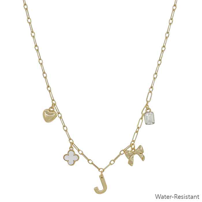 Water Resistant Gold Chain Initial Charm with Clover, Puffy Heart, Bow Necklace 16"-18" Necklace, Very Popular!!