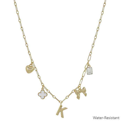 Water Resistant Gold Chain Initial Charm with Clover, Puffy Heart, Bow Necklace 16"-18" Necklace, Very Popular!!