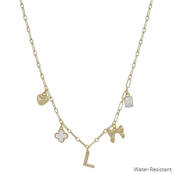 Water Resistant Gold Chain Initial Charm with Clover, Puffy Heart, Bow Necklace 16"-18" Necklace, Very Popular!!