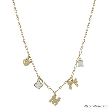 Water Resistant Gold Chain Initial Charm with Clover, Puffy Heart, Bow Necklace 16"-18" Necklace, Very Popular!!