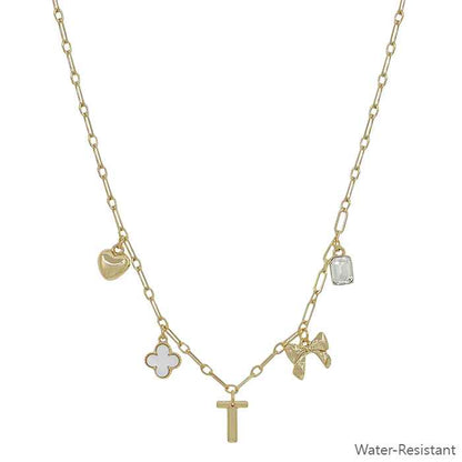 Water Resistant Gold Chain Initial Charm with Clover, Puffy Heart, Bow Necklace 16"-18" Necklace, Very Popular!!