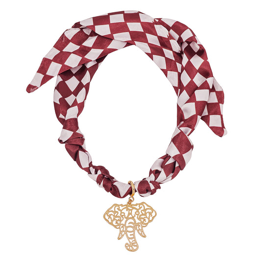 Burgandy and White Gameday Scarf Necklace with Gold Elephant Charm,  VERY POPULAR!