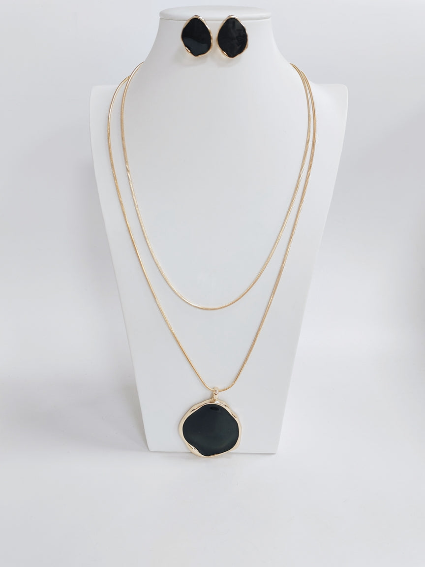 Gold Thin Layered Chain with Black Circle Accent 32" Necklace