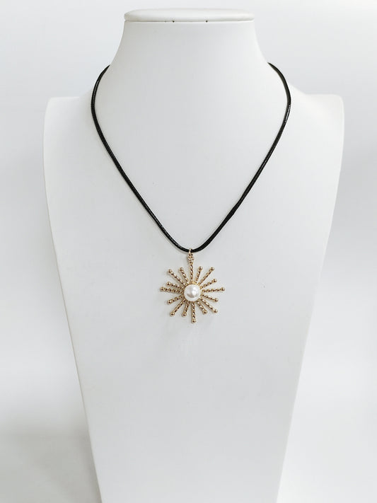Black Leather Cord with Pearl and Gold Sunburst Charm Necklace