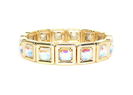 Gold AB Crystal with Gold Sqaure Stretch Bracelet